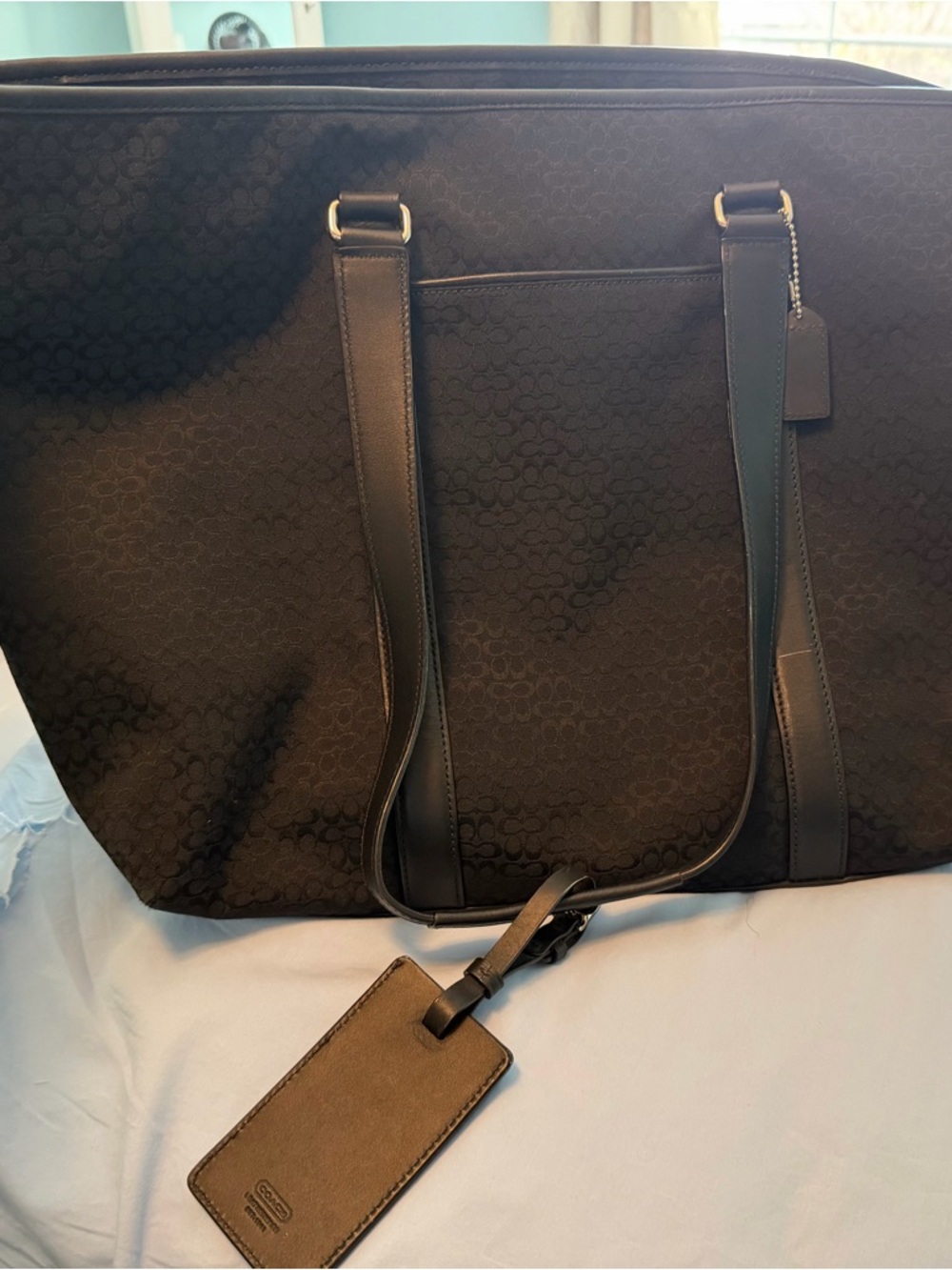 Coach Black Signature Canvas Tote with Leather Straps and Luggage Tag